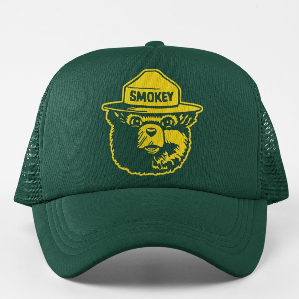 NEW Smokey the Bear Head Face Foam Trucker Mesh Snapback Hat DARK GREEN